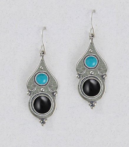 Sterling Silver Black Onyx And Turquoise Gemstone Drop Dangle Earrings